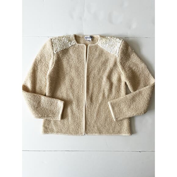 Vintage Adele Joyce Tweed Sweater Cardigan Woman M Cream Wool Blend Sequin Open - Picture 1 of 8
